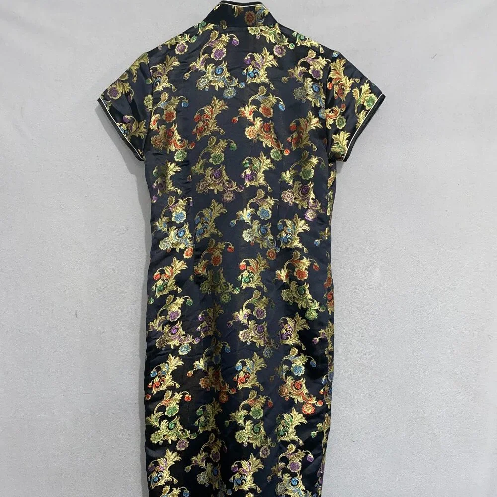 Brocade Cheongsam Qipao Dress Black Gold Floral Mandarin Collar M - Picture 6 of 9